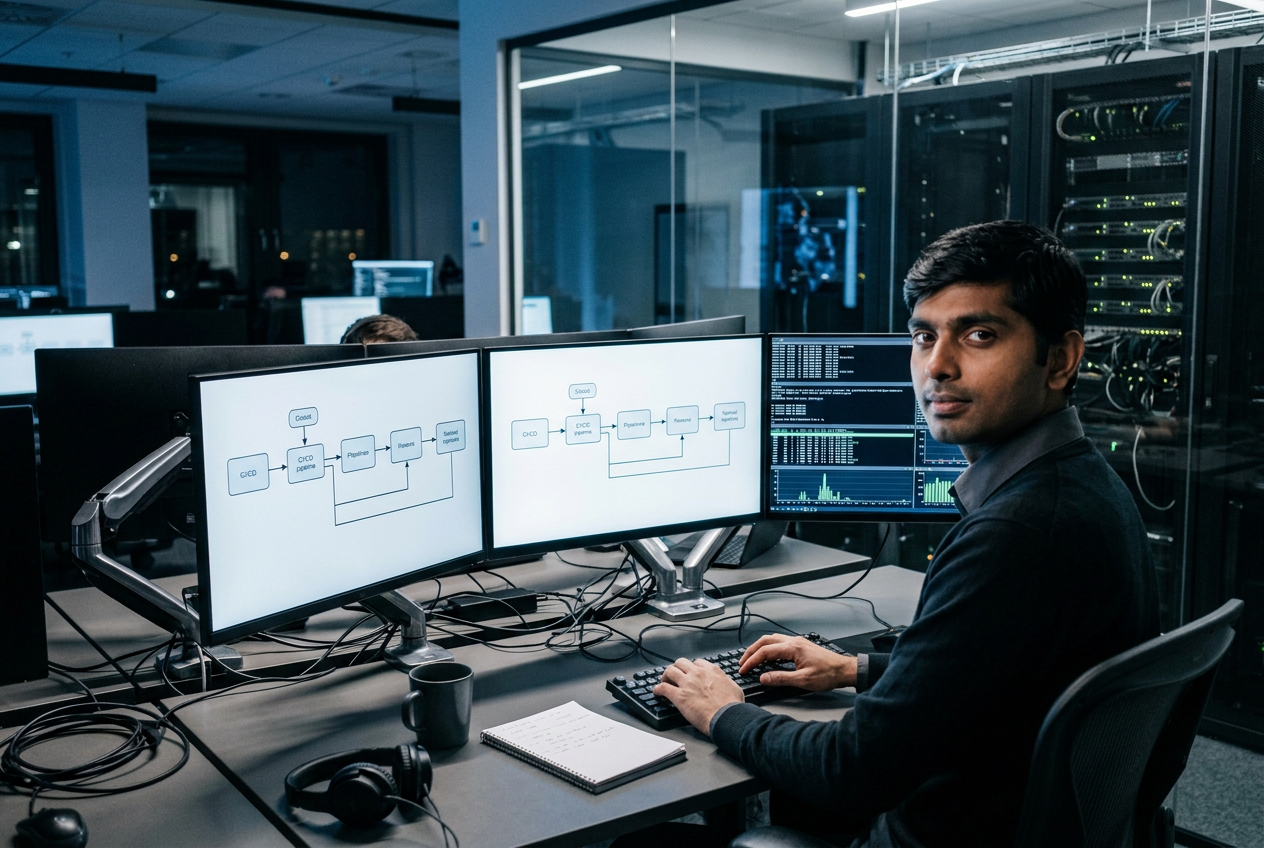 Engineering workstation displaying deployment pipelines and system dashboards