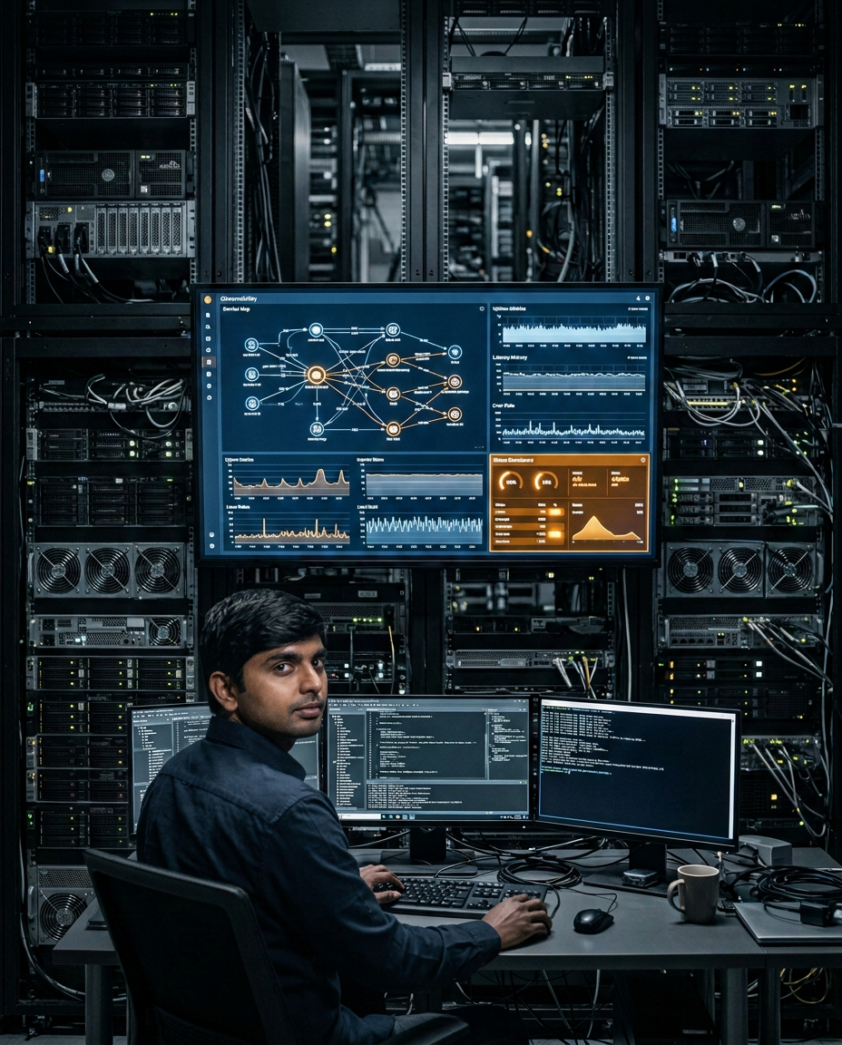 Systems engineer reviewing cloud service maps and monitoring dashboards