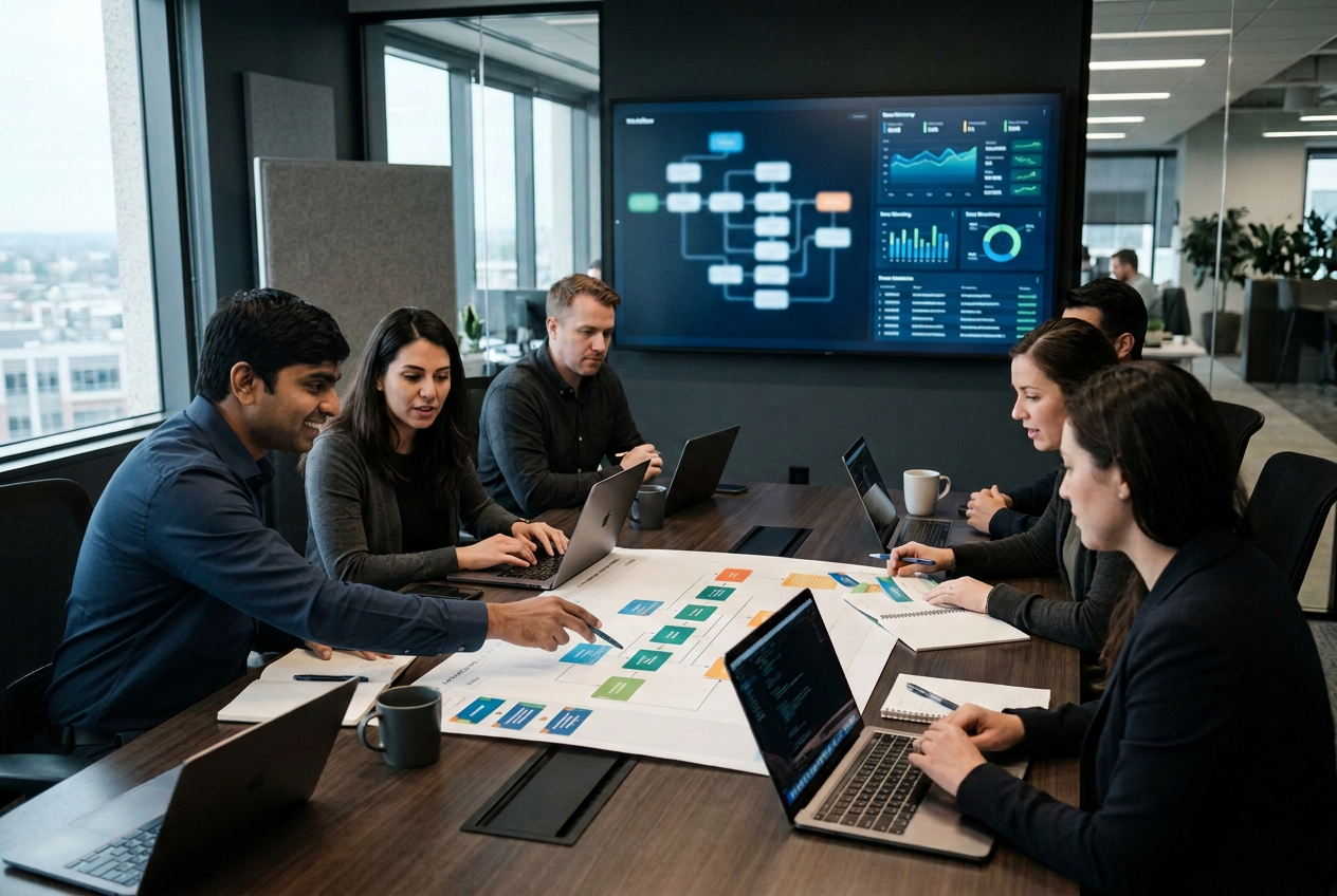 Technology operations team reviewing a process map around a table